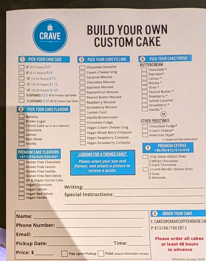 CRAVE custom cake ordering sheet, marked effective January 2024