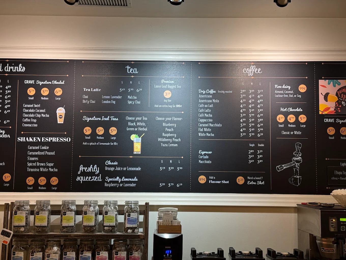 CRAVE chalkboard menus for coffee, tea and cold drinks